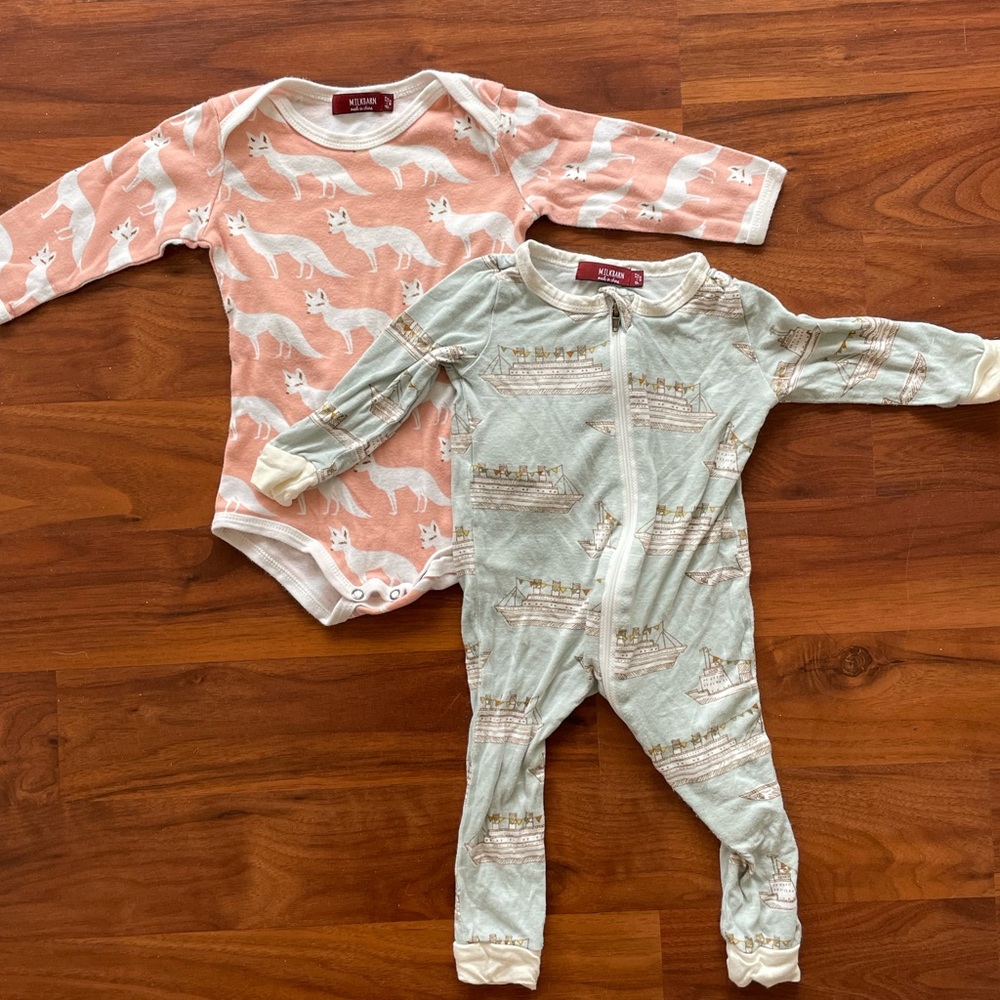Milk Barn baby set, 6-12 month long sleeved onesie and 9-12 month one piece